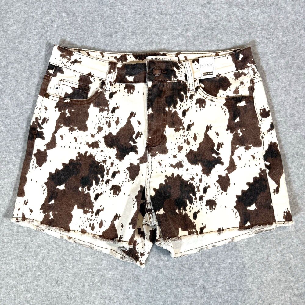 Judy Blue High Rise Cow Print Denim Cut Off Shorts Stretch Sz L Western Cowgirl